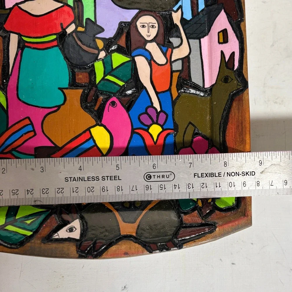 El Salvador Folk Art Hand Painted Wood Village Scene Wall Plaque La Palma Style